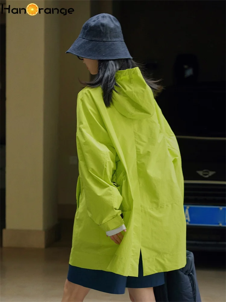 HanOrange 2024 Spring Outdoor Hooded Windbreaker Women Loose Casual A-line Cargo Trench Coat Female Yellowish Green/Navy Blue