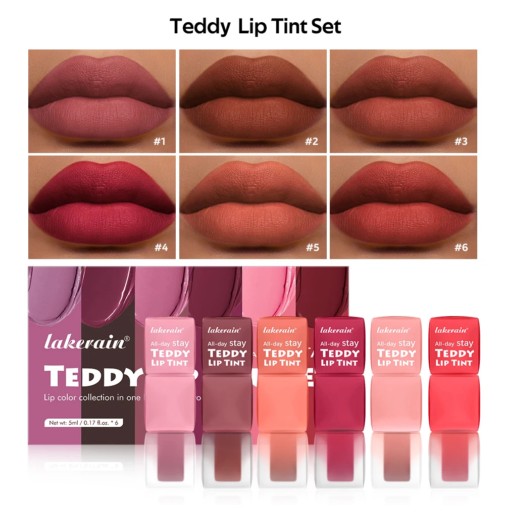 Lip Stain Set Teddy Tint Lip Color Tear Lip Gloss Super Stay Long-Lasting Coloring 12H Matte Texture WaterproofLipstick Cosmeti
