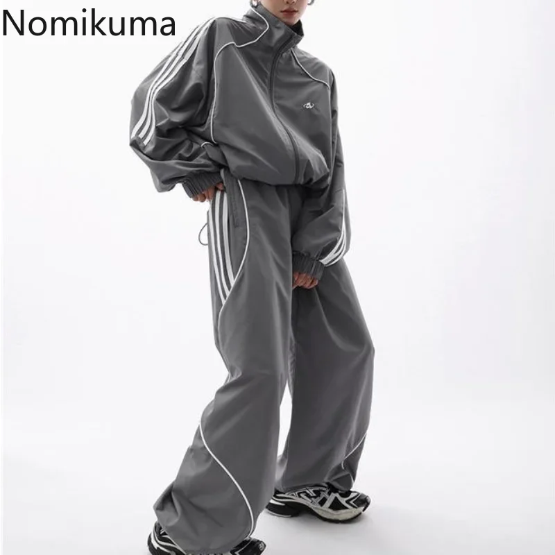 Nomikuma Stand Neck Long Sleeve High Waist Drawstring Jacket + Wide Leg Contrast Pants Female Harajuku Street Two Piece Sets