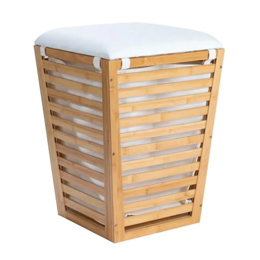 

Slatted Natural Bamboo Hamper with Cushioned Lid and Removable Cotton Bag Natural