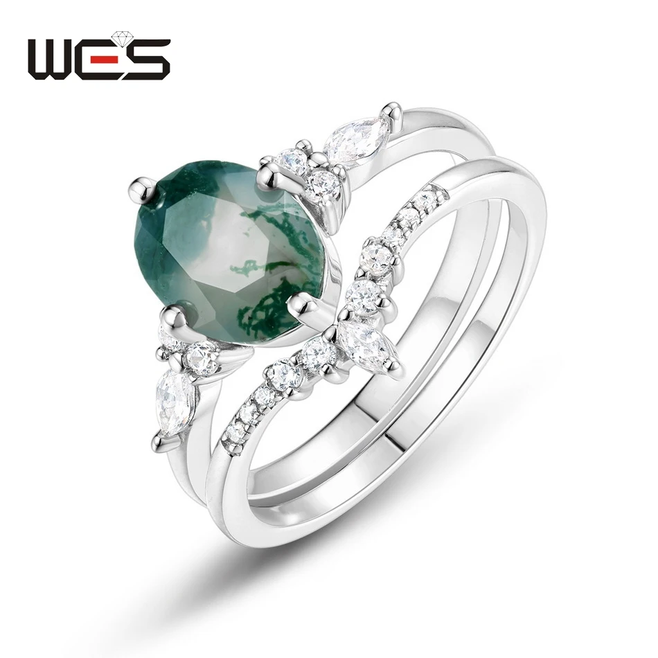 

WES Kite Cut Натуральное уникальное кольцо с моховым агатом для женщин, кольцо из стерлингового серебра 925 пробы, свадебный комплект, свадебный подарок, ювелирные изделия в виде листьев и леса