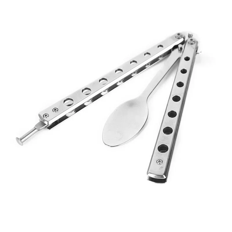 Metal Folding Trainer Spoon Fork Butterfly Knife Game Safety Practice Trainer Camping Cutlery