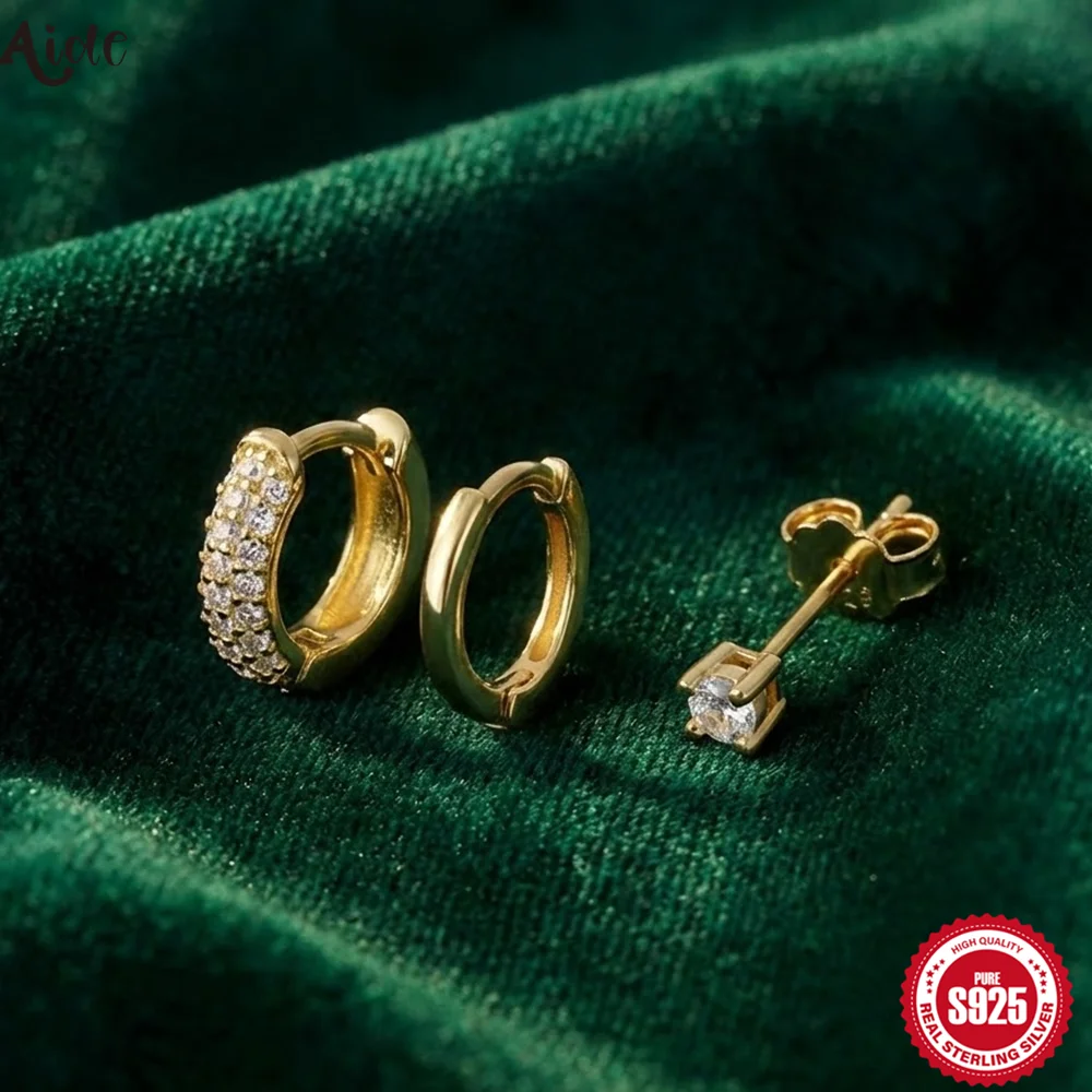 Aide Gold Stud Earrings Set for Women 3pcs Huggie Hoop Stack for Multiple Piercing Hypoallergenic 925 Sterling Silver Jewelry