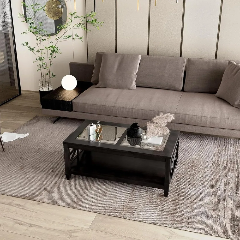 طاولة قهوة المزرعة "45.5" × 26" - سطح من الخشب الصلب والزجاج المقسى، صناعية لغرفة المعيشة/المقهى"