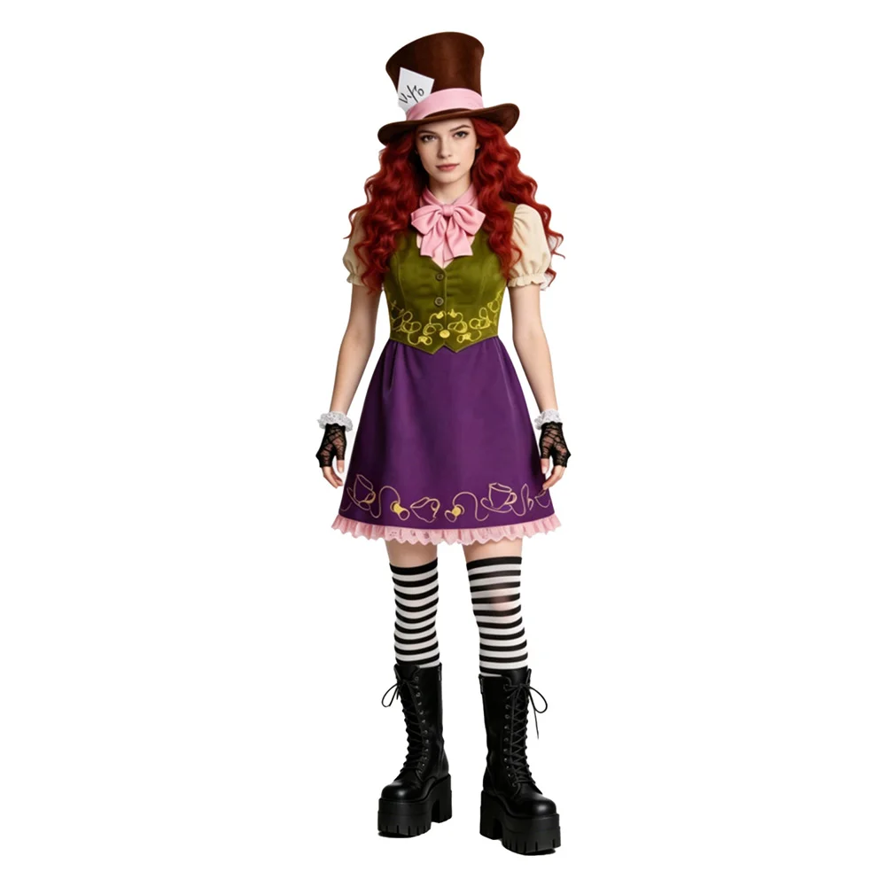 Fantasia Women Mad Cosplay Hat Hatter Costume Cartoon Alice Dress Men Top Pants Outfits Halloween Disfraz Carnival Party Suit view 2