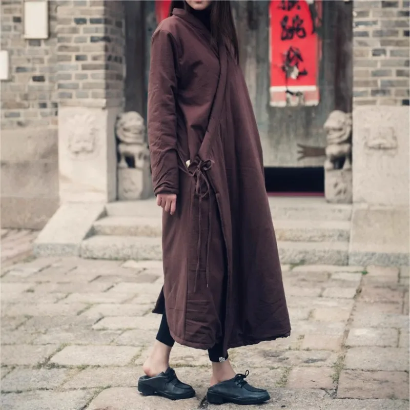 

Autumn Winter Retro Harajuku Cotton Coat Women Asymmetrical Collar Ethnic-Style Mid-Length Cotton Coat Loose Cotton Padded Robe