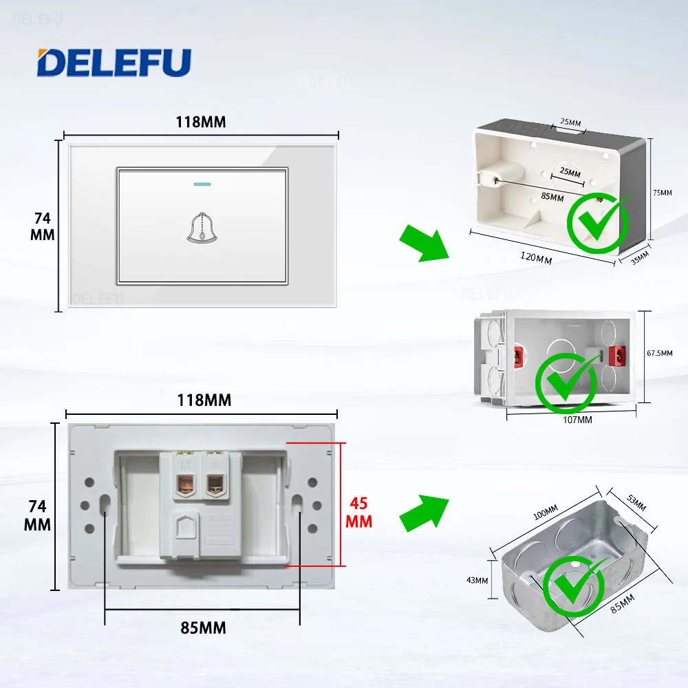 DELEFU Tempered glass panel Israel Standard Switch Socket 118mm 10A 20A Doorbell switch Doorbell Ding Dong Grey Black White Gold