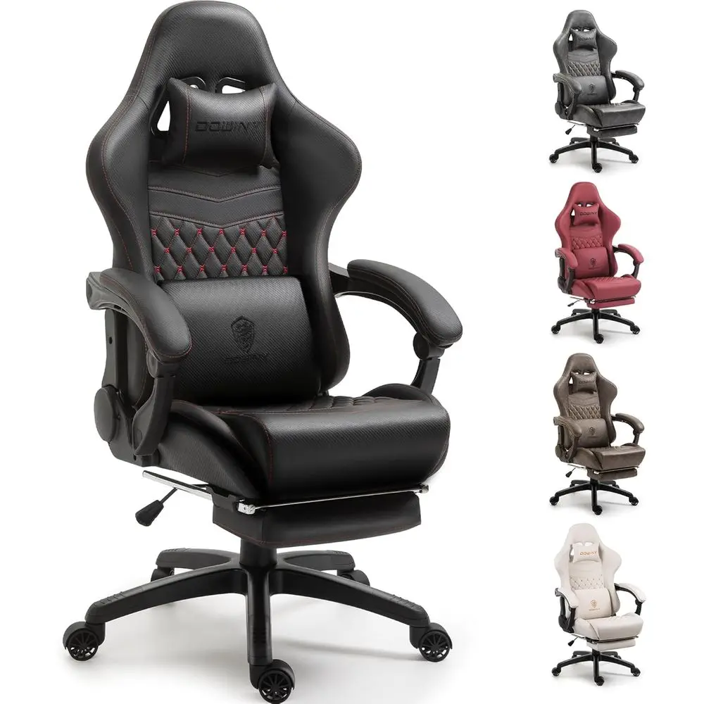 

Vintage Style High-Back Swivel Chair with Massage Lumbar Support and Footrest in Black and Red
