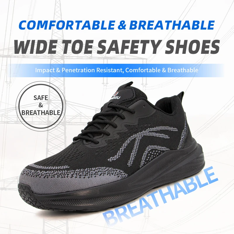 Men's 4-Season Safety Shoes, EU Standard Wide Steel Toe, Ultra-Light Breathable, Anti-Smash Anti-Puncture Construction Work Shoe