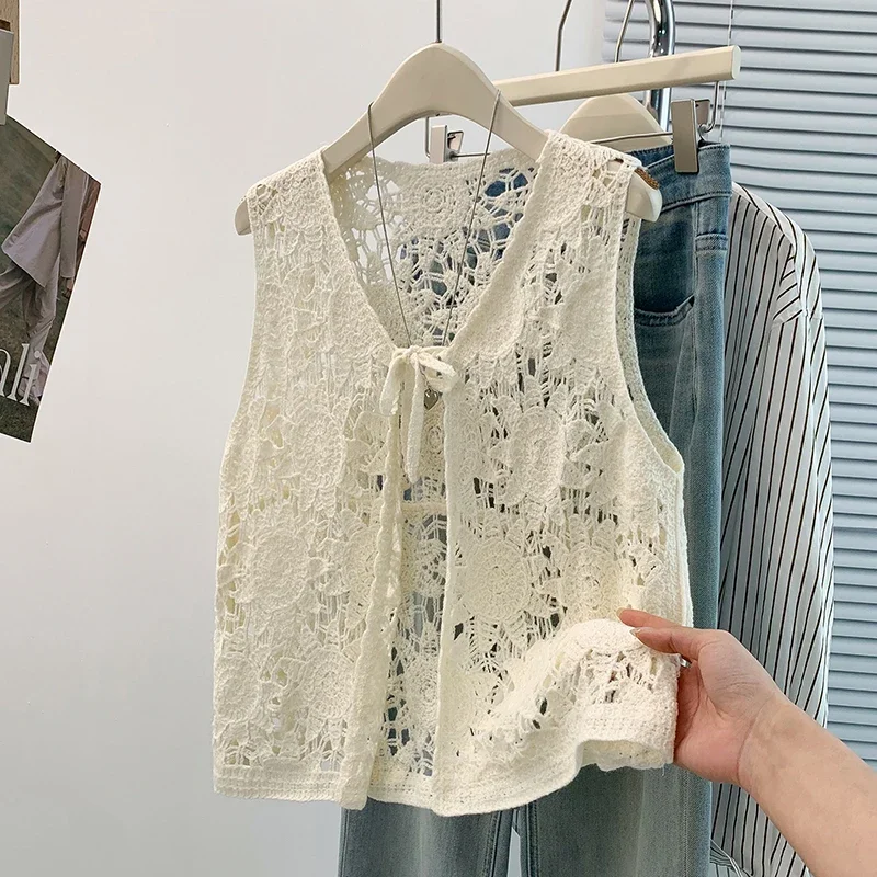 Tie Front Crochet Cardigan Floral Embroidered Guipure Lace Blouse Sleeveless Open Knit Tie-Up Waistcoat Summer Tops Beach Boho
