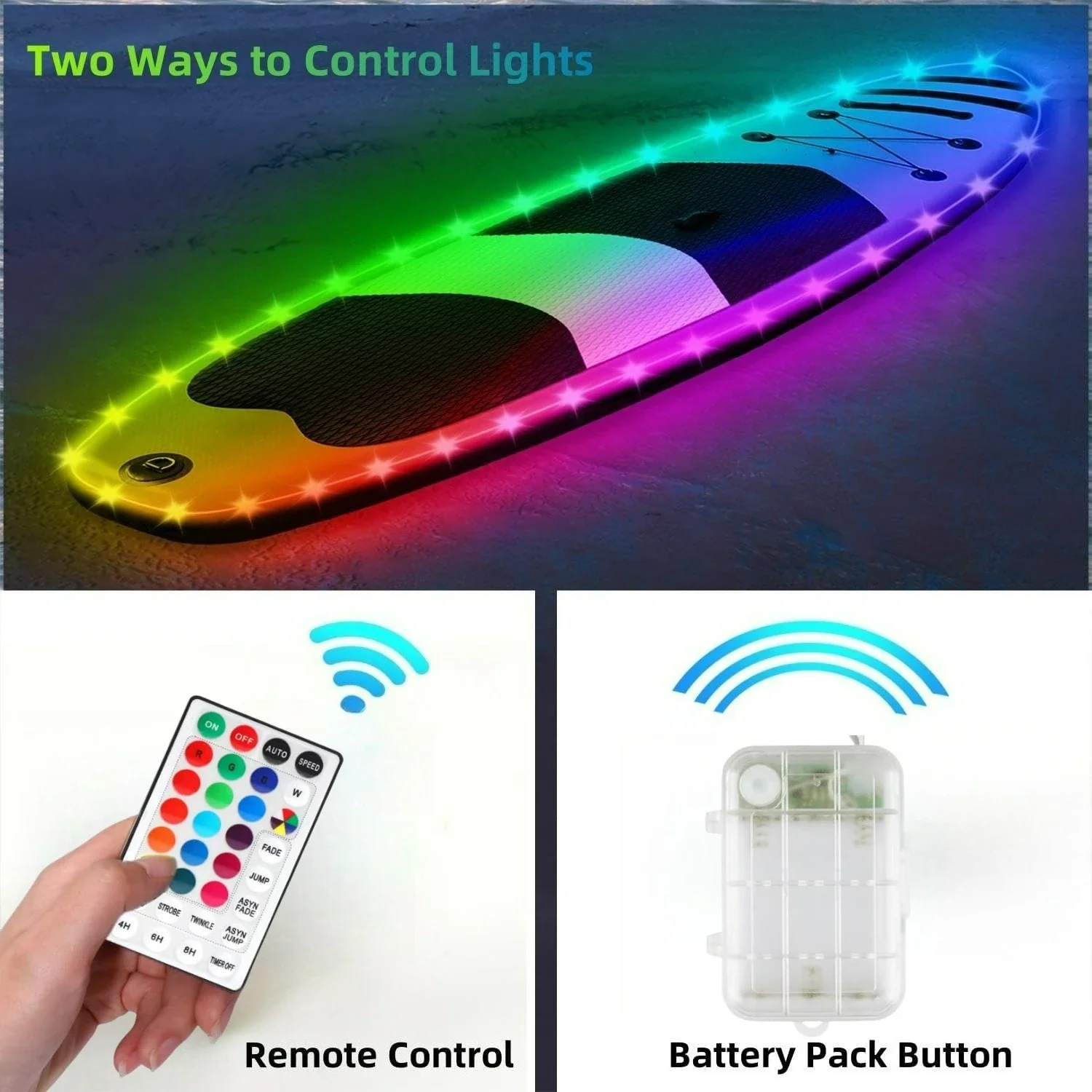 Battery Powered LED Boat Strip Light RGB 16Colors 8Modes IP65 Waterproof Remote Timer for Kayak SUP Yacht Golf Cart RV Car Decor