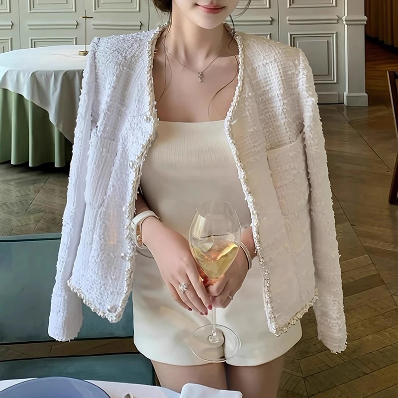 

ort Woolen Jaet Women's Autumn Winter Faion Set Diamond Embellied Bright Tead Heavy Work Knitwear Coat