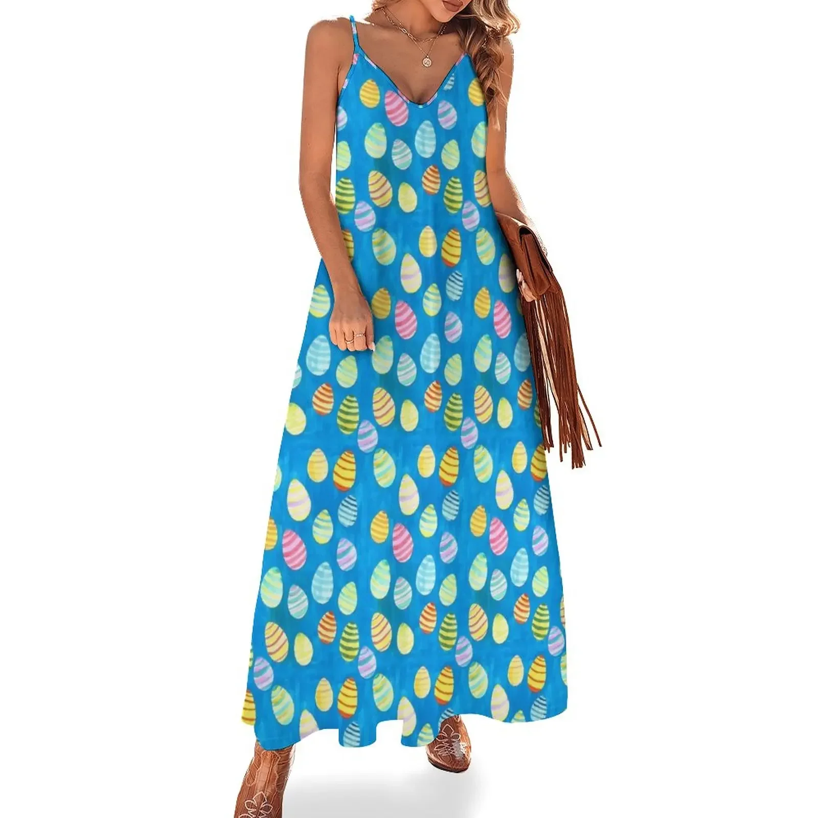 

Easter Egg Watercolor Pattern - Blue Sleeveless Dress summer outfits for women 2024 Woman clothes Women's summer long dress