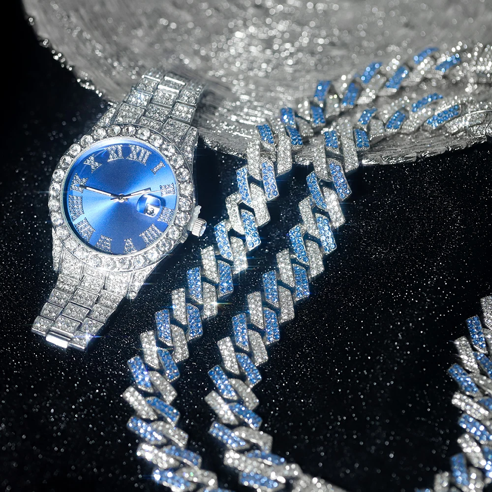 3pcs Hip-hop Watch Jewelry Set Iced Out Punk Blue&Silver Cuban Chain+Bracelet Inlay Diamond Watch For Men Women Trend Party Gift