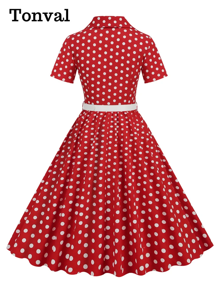 Tonval Polka Dot 50s Pinup Robe Button Up Pleated Vintage Style Dress Women Elegant Belted Ladies Rockabilly Long Dresses