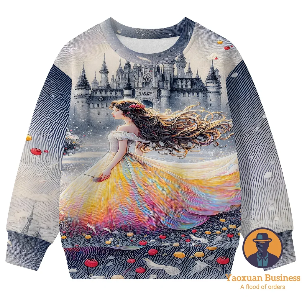 2025 رائجة البيع سنو وايت ليتل بنات بنين ثلاثية الأبعاد الكرتون طباعة طاقم الرقبة البلوز لطيف دافئ يندبروف الخريف الشتاء أنيق ​