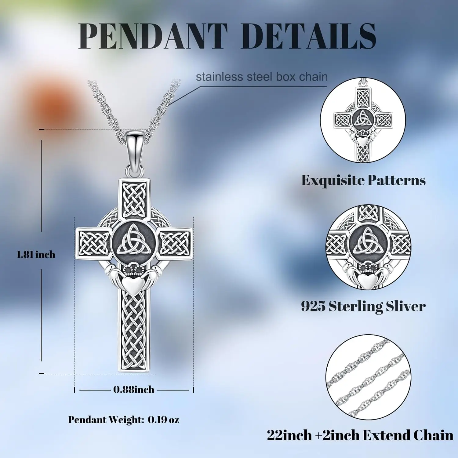 Celtic Cross Necklace for Men Women 925 Sterling Silver Celtic Cross Pendant Evil Eye Necklace Irish Trinity Knot Jewelry