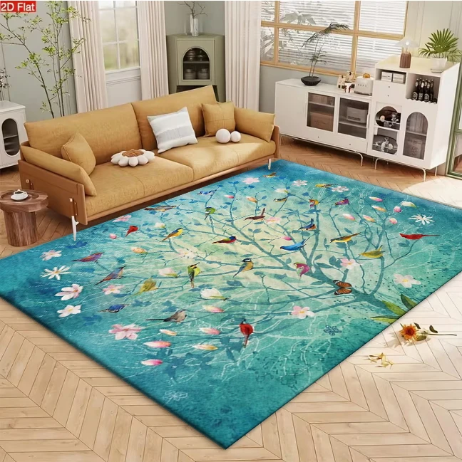 Watercolor Bird Tree Flower Pattern Carpet Colorful Art Style Non-Slip Rug Floor Mat Suitable for Living Room Bedroom Home Decor