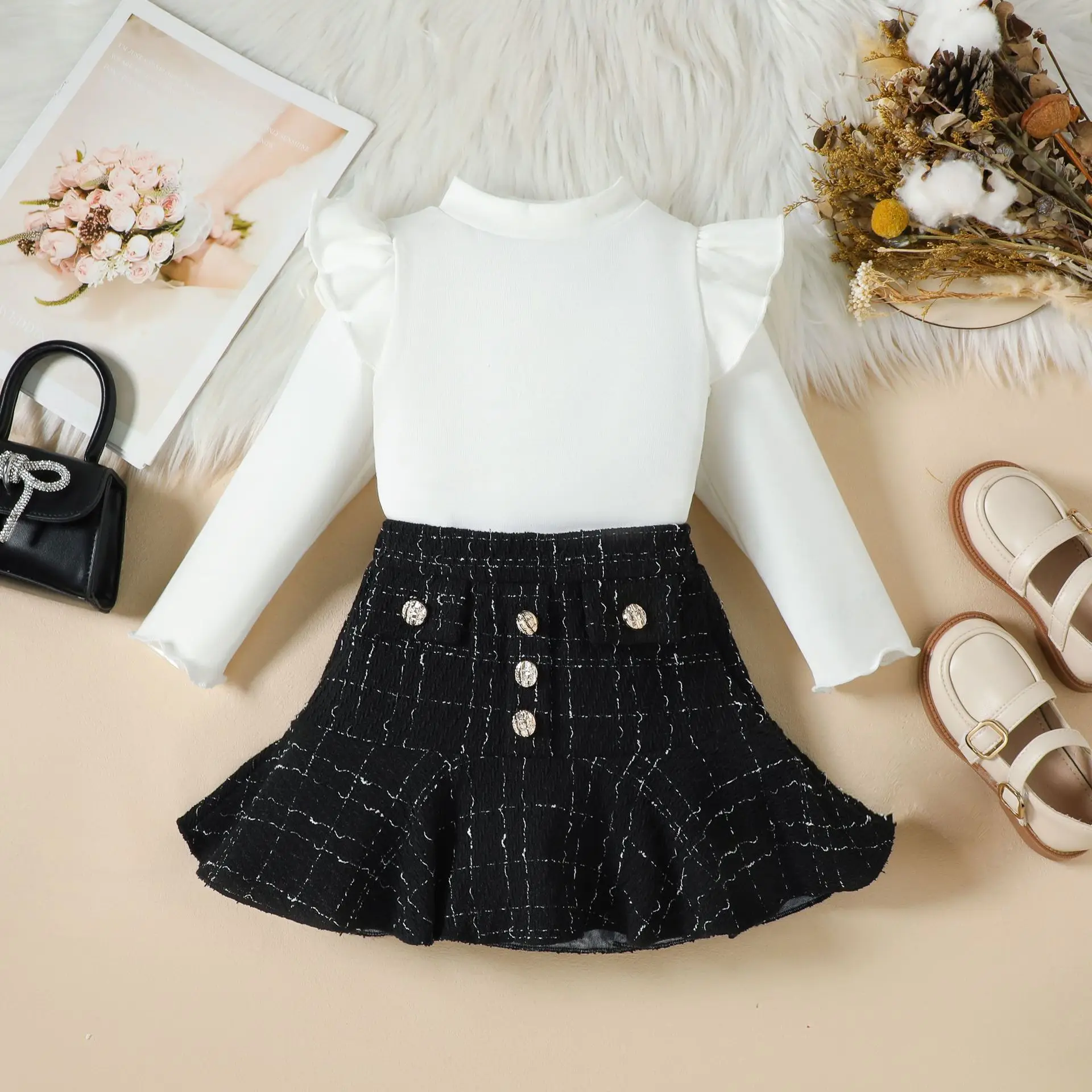 European and American Girls Spring Autumn New Flying Sleeve Top Small Fragrant Style Plaid Fishtail Skirt Two-piece Set
