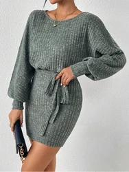 Vestido de punto de encaje verde con textura a rayas de cuello redondo informal, bolso de Color sólido, vestido de viaje para el brazo