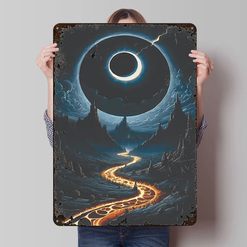 Lava River Under Dark Moon Poster, individuell gestaltete Vintage-Metallschilder, Wandkunst, Retro-Blechschild für Heimdekorationen, Raumdekoration, Männer
