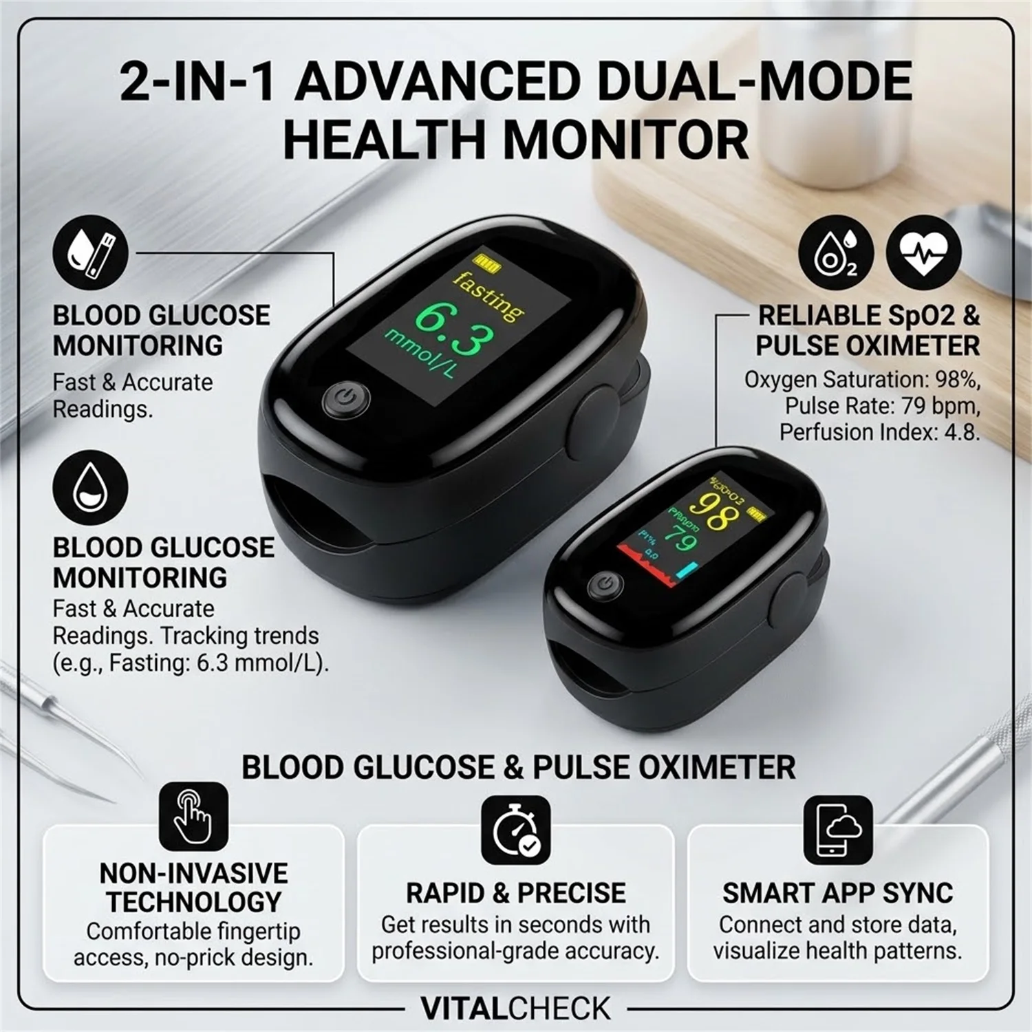 2IN1 Non‑Invasive Glucometer Pulse Oximeter Portable Home No Need Prick Blood Glucose Meter Fingertip SpO2 Heart Rate Oximetry