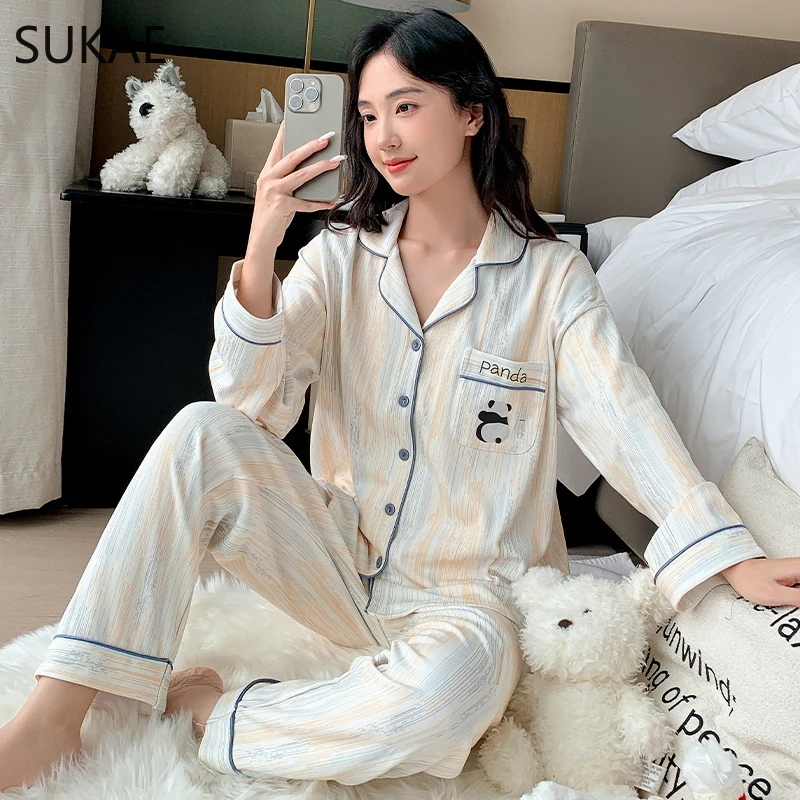 SUKAE M-5XL Autumn Winter Lady Home Clothes Faux Cotton Nightwear Lapel Pjs Fashion Turn-down Collar Sleepwear Woman Pajamas Set