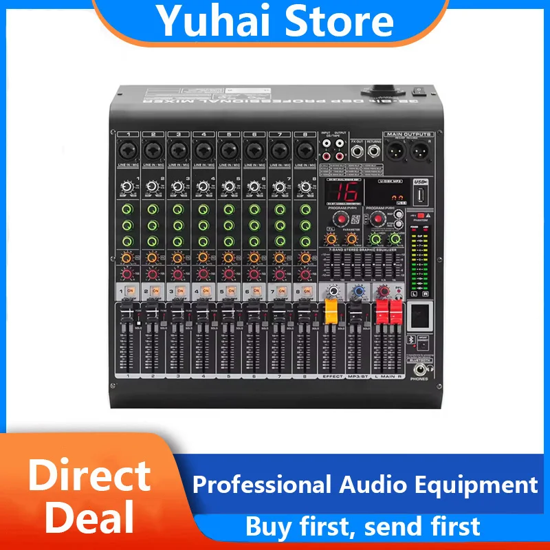 

Yuhai-MC8 8 Channel Blueteeth Mixer 24 Bit DSP Digital Effect Sound Mixing Console Equipment USB 48V DJ Mixing Studio Equipment.