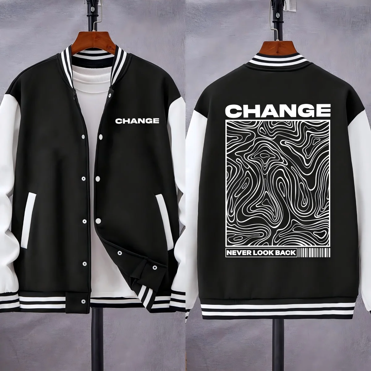 

Изменение Never Look Back Street Graphic Print Мужская уличная модная свободная бейсбольная форма Повседневная флисовая куртка Американская одежда