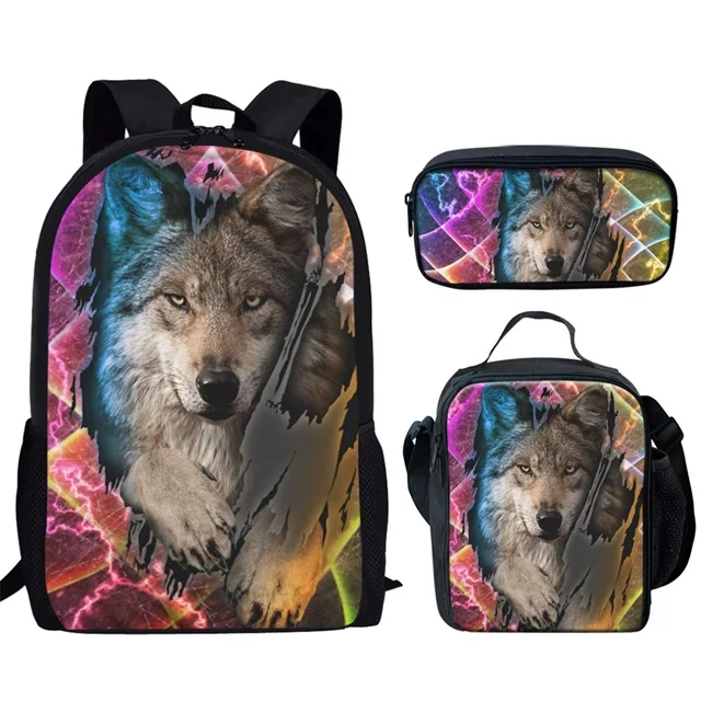 Dream Catcher Wolf 3pcs/Set Backpack School Student Bookbag Animals Print Casual Daypack Lunch Bag Pencil Case for Teenager Boys