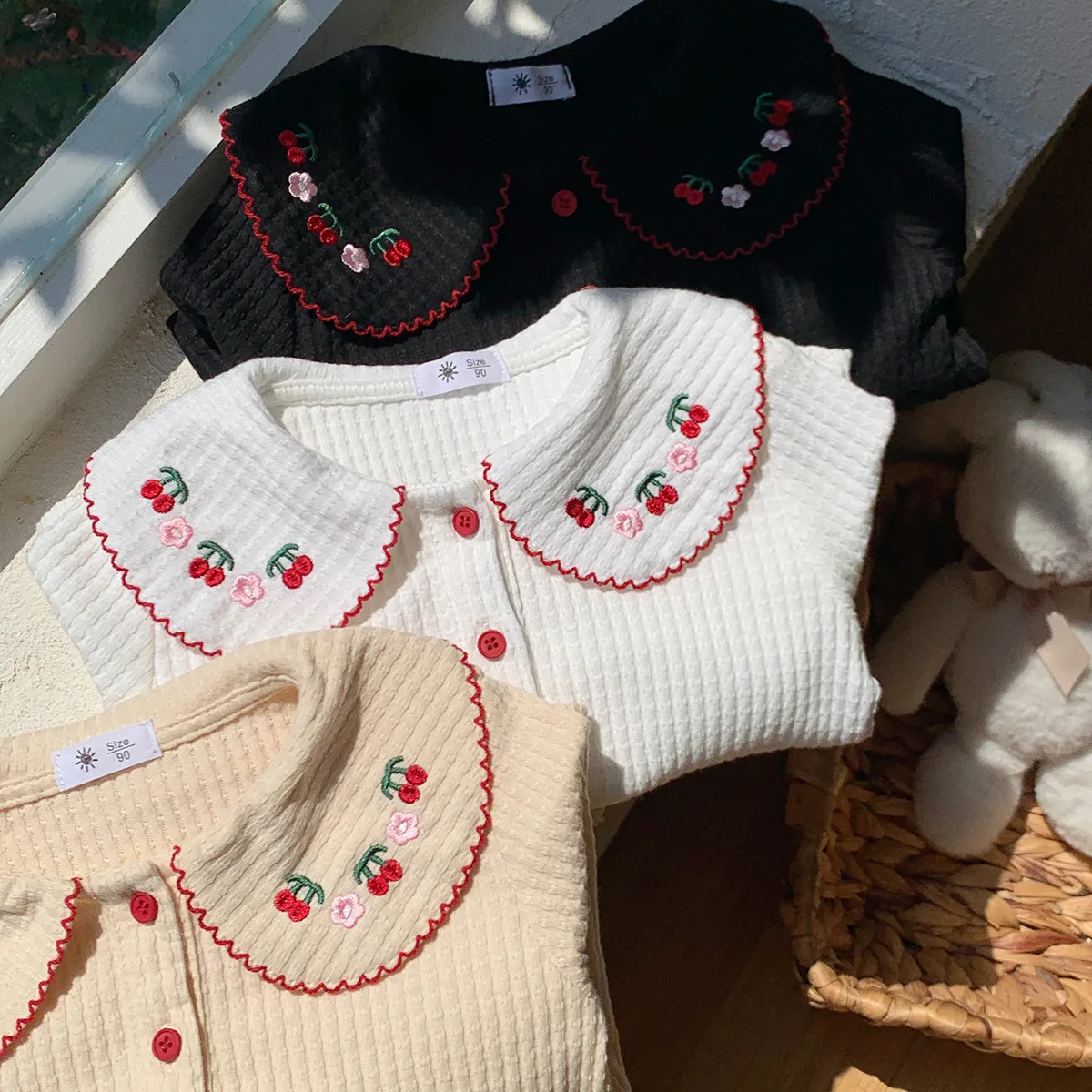 Kids Girls Sweet Cherry Embroidery Collar Tees Baby Long Sleeve Basic Shirt Toddler Autumn Daily Wear Top