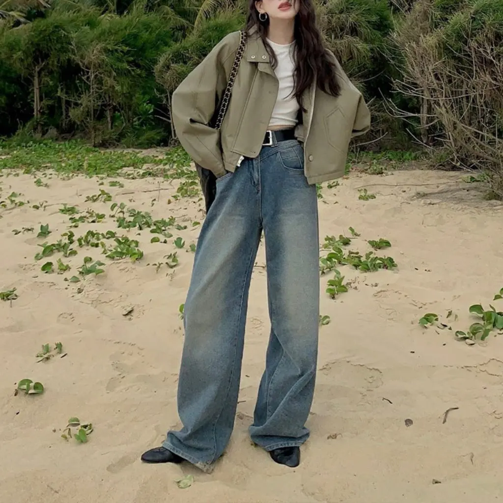 Casaco feminino de couro curto com gola vertical, jaqueta casual solta de alta qualidade estilo retrô americano para primavera e outono