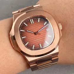 Tandorio Rose Gold NH35A 100M Diving Automatic Watch For Men Square Case Brown Dial Luminous Sapphire Stainless Steel Screw Crow