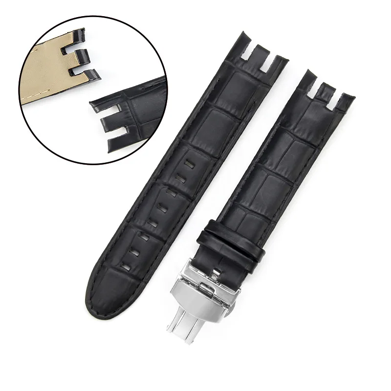 Genuine Leather Watch Strap for Swatch YRS403 412 402G Curved Concave-Convex Mouth Cowhide 21mm Men Watch Band