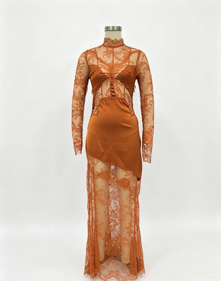 Spitzen-Maxikleid mit Stehkragen für Damen, transparente Spitzenüberlage, Satinfutter, lange Ärmel, Meerjungfrauen-Saum, elegantes formelles Damenkleid – Detail 2