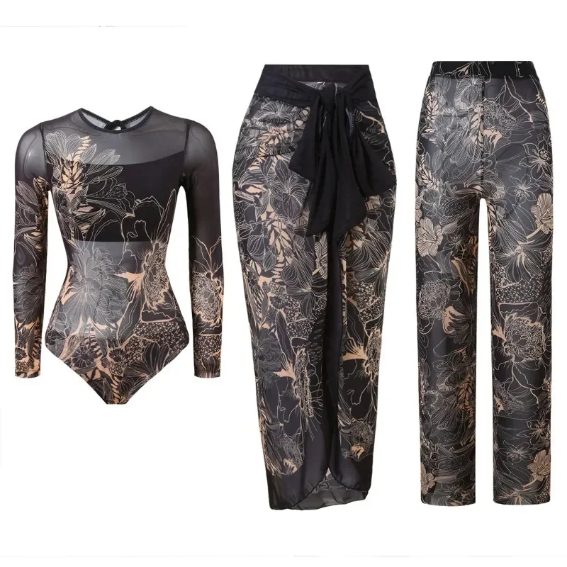 Printed Bathing Suit Women Long Sleeve One Piece Swimsuit Bandage Cover Up Straight Pants Female Beachwear Swimwear Three Piece