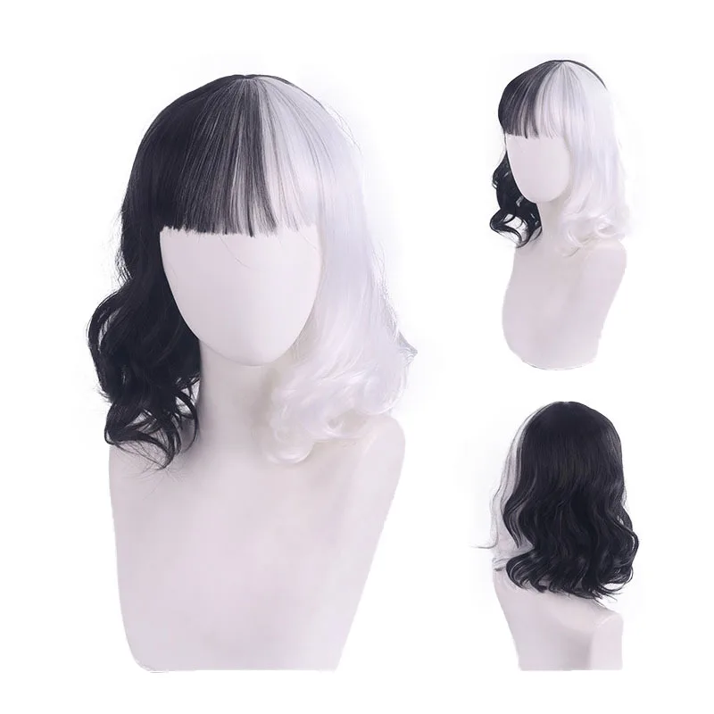วิกผมคอสเพลย์ครูเอลลา เดอ วิล 101 ดัลเมเชียนส์ สีดำและสีขาว ตัวร้าย สไตล์อนิเมะที่เข้ากันกับสี