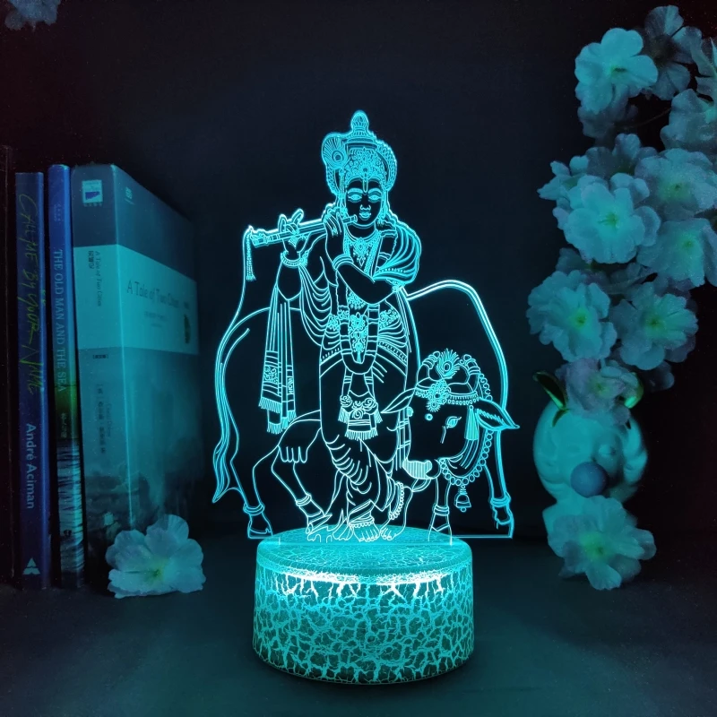 Lord Krishna With Cow Calf RGB Light Religious Hindu Gods LED Tabletop Decoration Accessories Fireplace Art Decor Nightlight