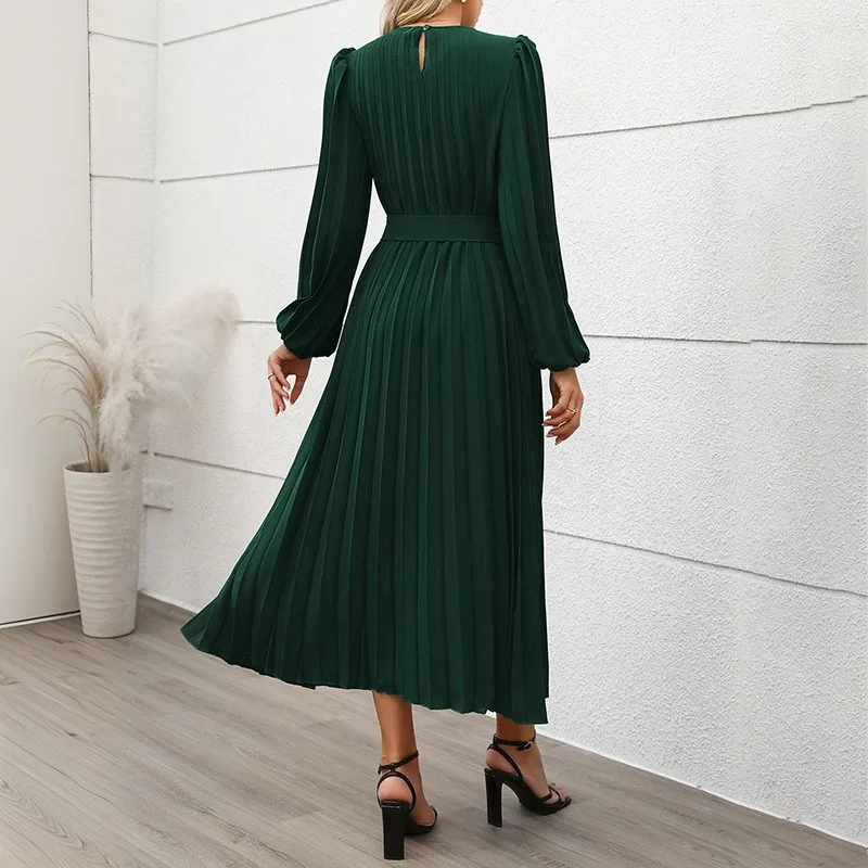 Green Elegant Long Women's Dress Round Neck Pullover Pleated Waist With Lantern Sleeves High Waisted Dress Autumn New Item 2025