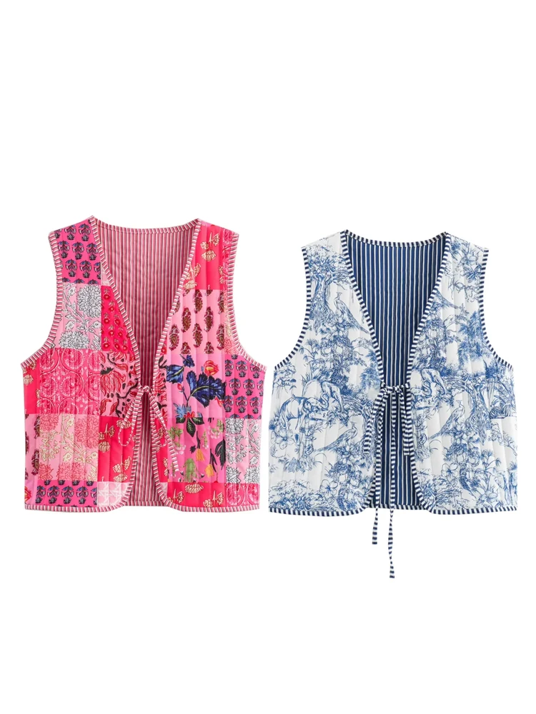 KAOPU ZA Women with ties printed padded cotton open waistcoat vintage v neck sleeveless female outerwear chic vest tops