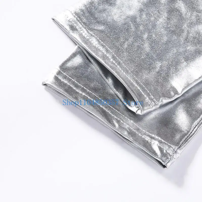 Women Silver Gold Faux Leather Stretch Workout Leggings Tummy Control Yoga Pants