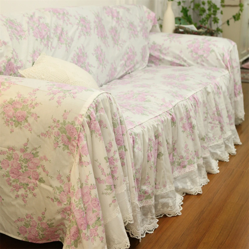 Cotton Home Sofa Cover Flower Print Romantic Lace Living Room Sofa Cover Cloth Dustproof Pink Sofa Cover With Skirt