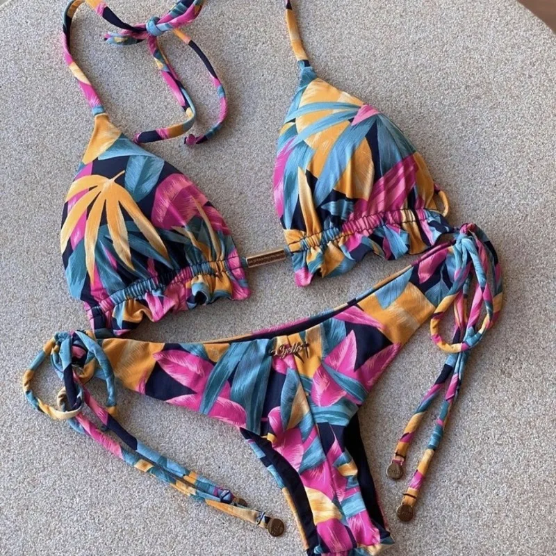 Maillot de bain deux pièces Triangle Sexy pour femmes, imprimé, dos croisé, haut soutien, tissu à séchage rapide, String, Costume, 2025