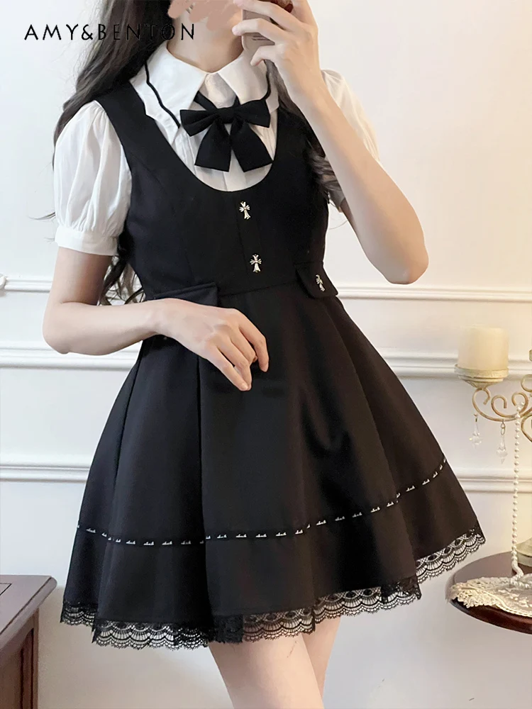 

Preppy Style Sweet Cute Square Collar Short Sleeve Shirt Slim Suspender Skirt Two-Piece Set Women Summer New Kawaii Skirt Sets