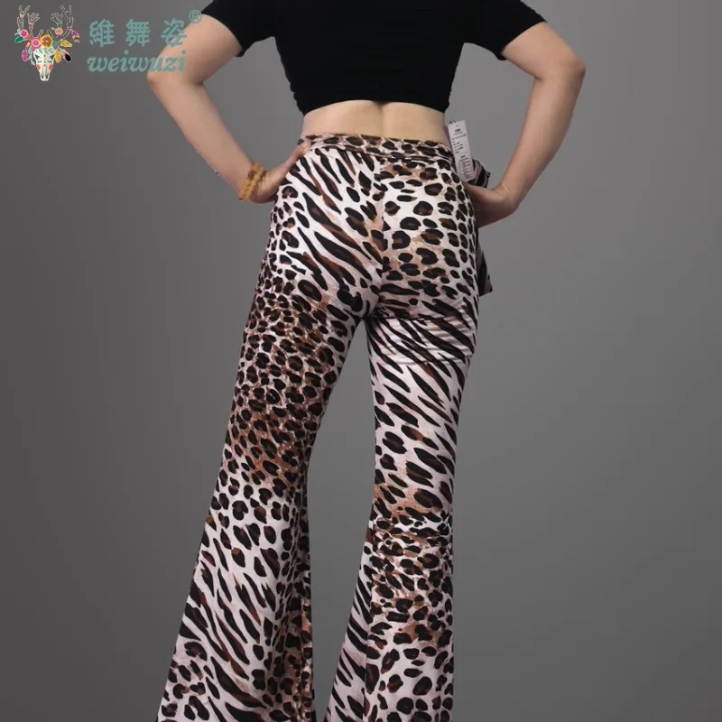 Pantalon d'entraînement de danse du ventre pour femmes, pantalon évasé à tambour, Leggings léopard Sexy, contrôle du ventre, vêtements de danse imprimés Slim