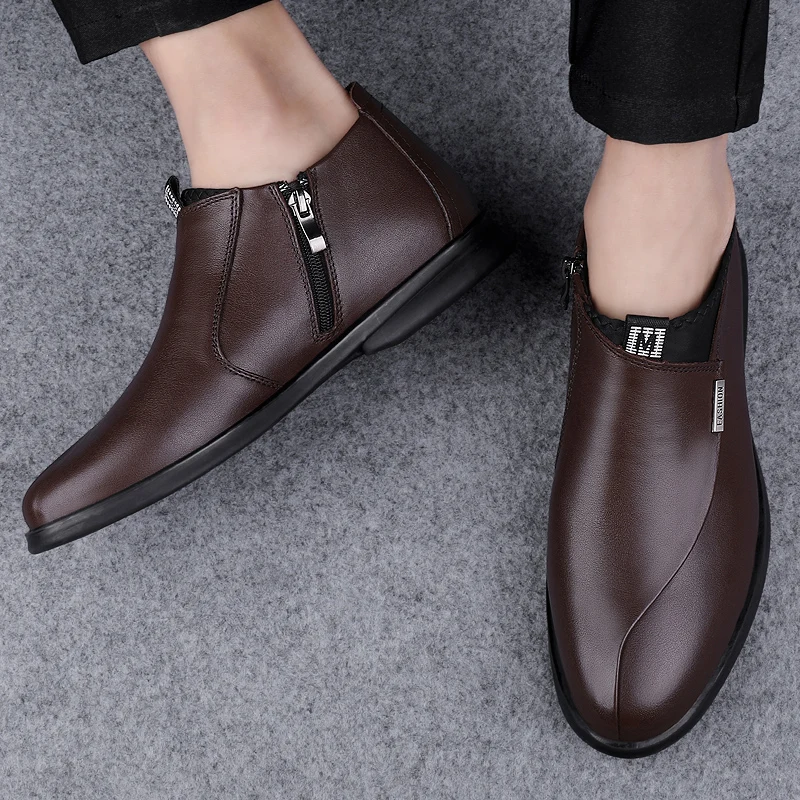 Fashion Brand New Top Layer Cowhide Business Casual Shoes for Men Comfortable Short Boots Winter Plush High Top Cotton Boots