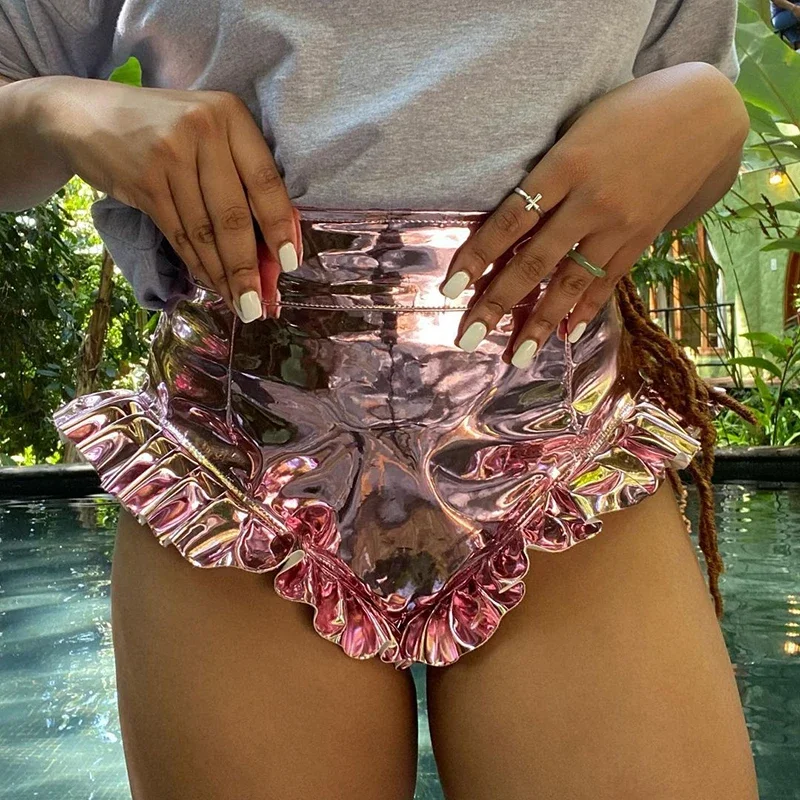 Sexy Mini Party Club Hot Shorts Women Summer 2023 Shiny Solid Zipper Fold Side Flare Shorts Female Casual Ruffled PU Short Gold