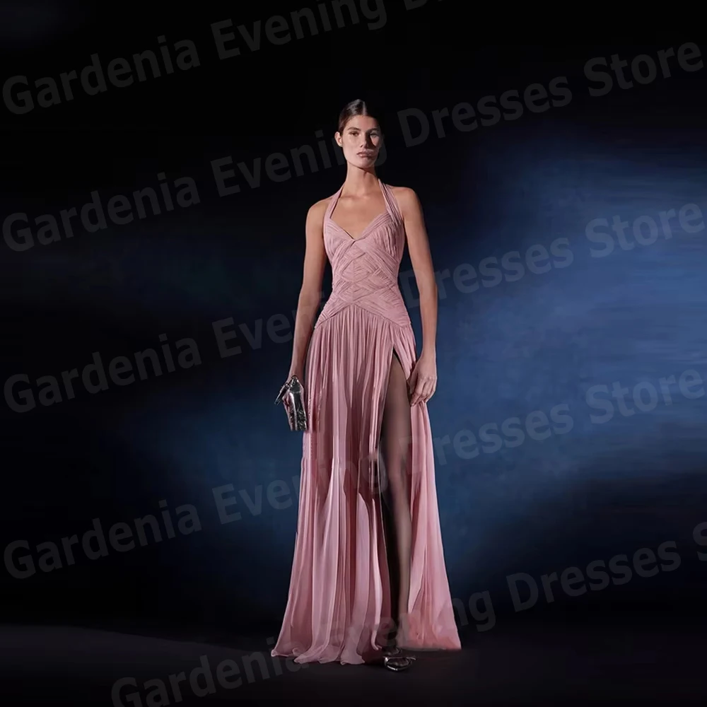 

Charming A Line Women's Evening Dresses Halter Neck Prom Gowns Vestidos Para Mujer Customized Pleated Side Slit Robe De Soirée