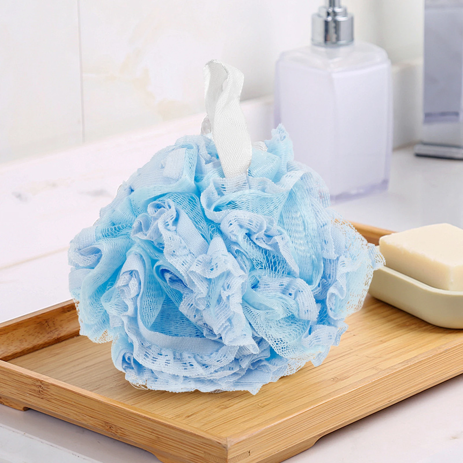 

Luxurious Shower Ball Bath Accessory Sky Blue Mesh Hanging Design Body Wash Soft PE Material Clean Soothe Skin Rich Foam Without