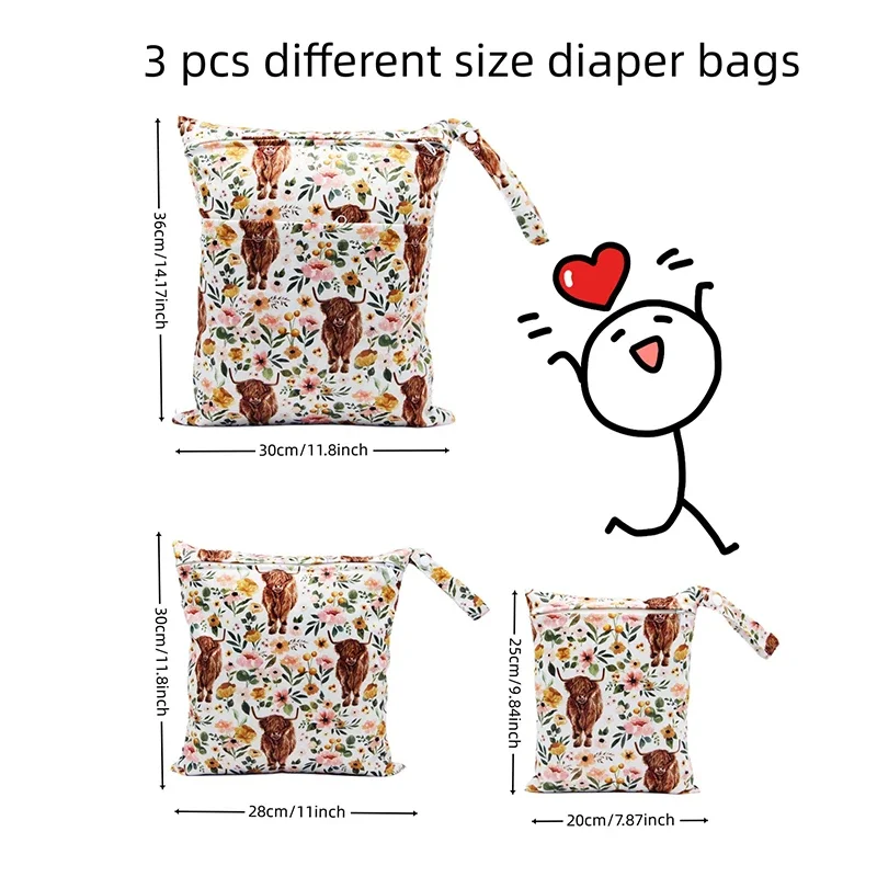 3PCS/set Baby Diaper Bag Cartoon Print Wet Dry Nappy Zipper Handbag Stroller Carry Pack Travel Outdoor Wet Diaper Storage Bags